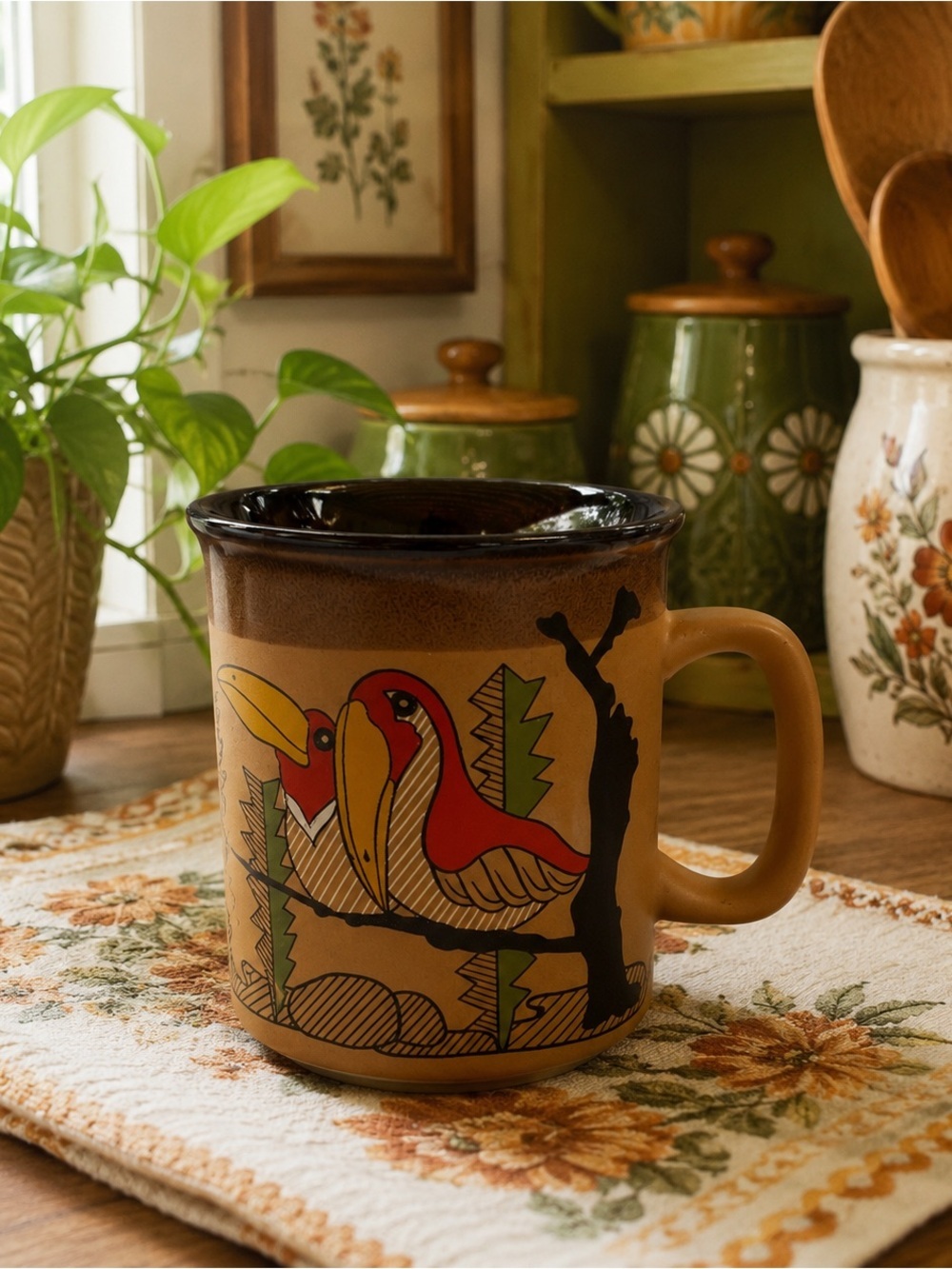 Vintage Northcraft Korea Toucan Bird Mug Retro Folk Art Stoneware